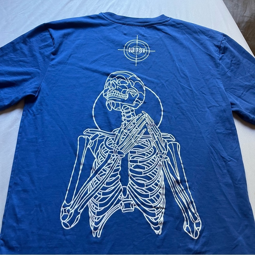 HEIST New York blue skeleton graphic logo knit crew neck T-shirt